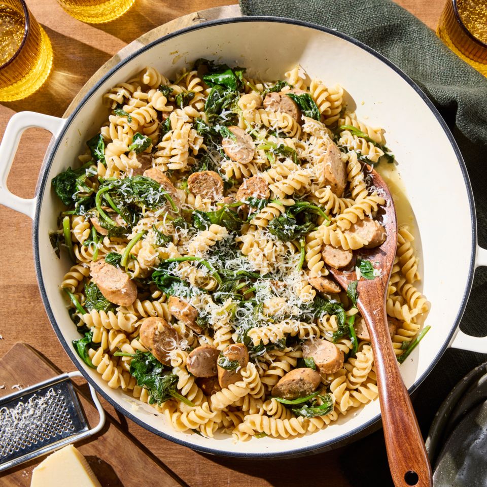 A recipe image of Chicken Sausage & Spinach Skillet Pasta with Lemon & Parmesan.