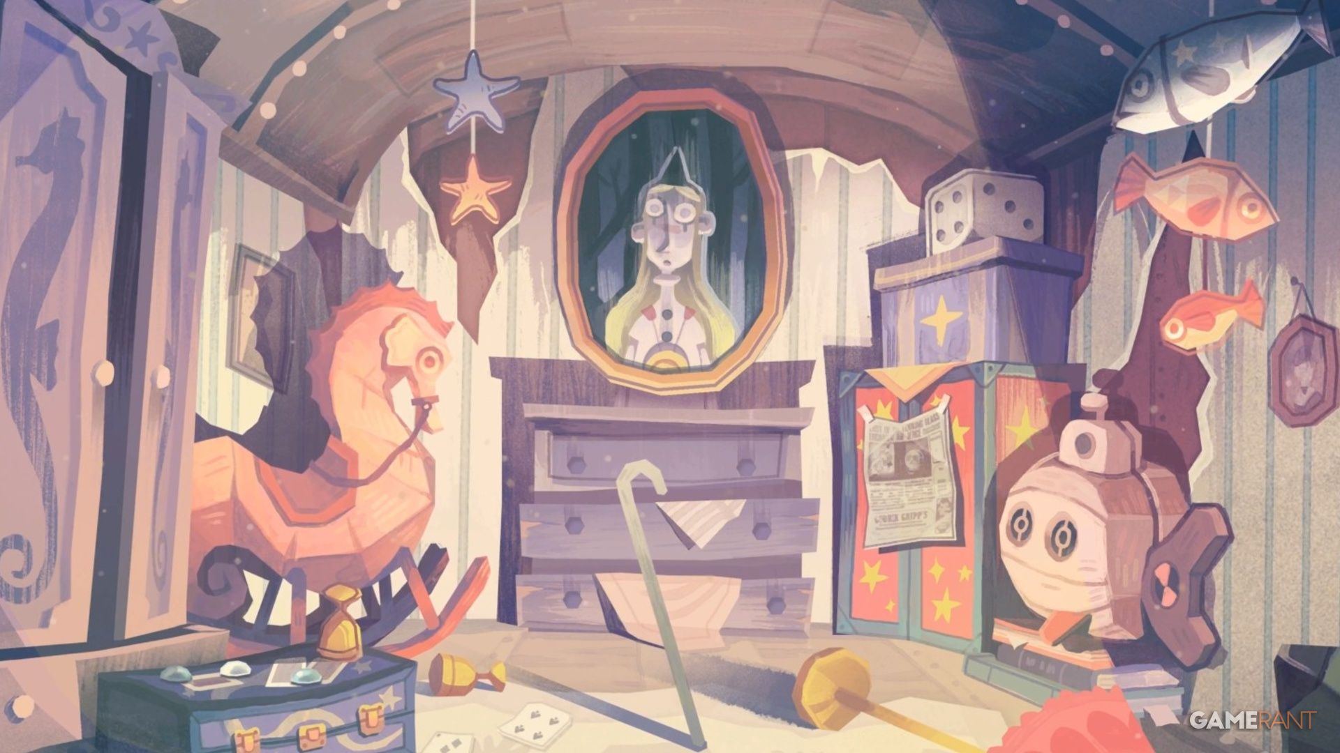 Card and glass lenses puzzle solution in The Mermaid Mask (child's room)