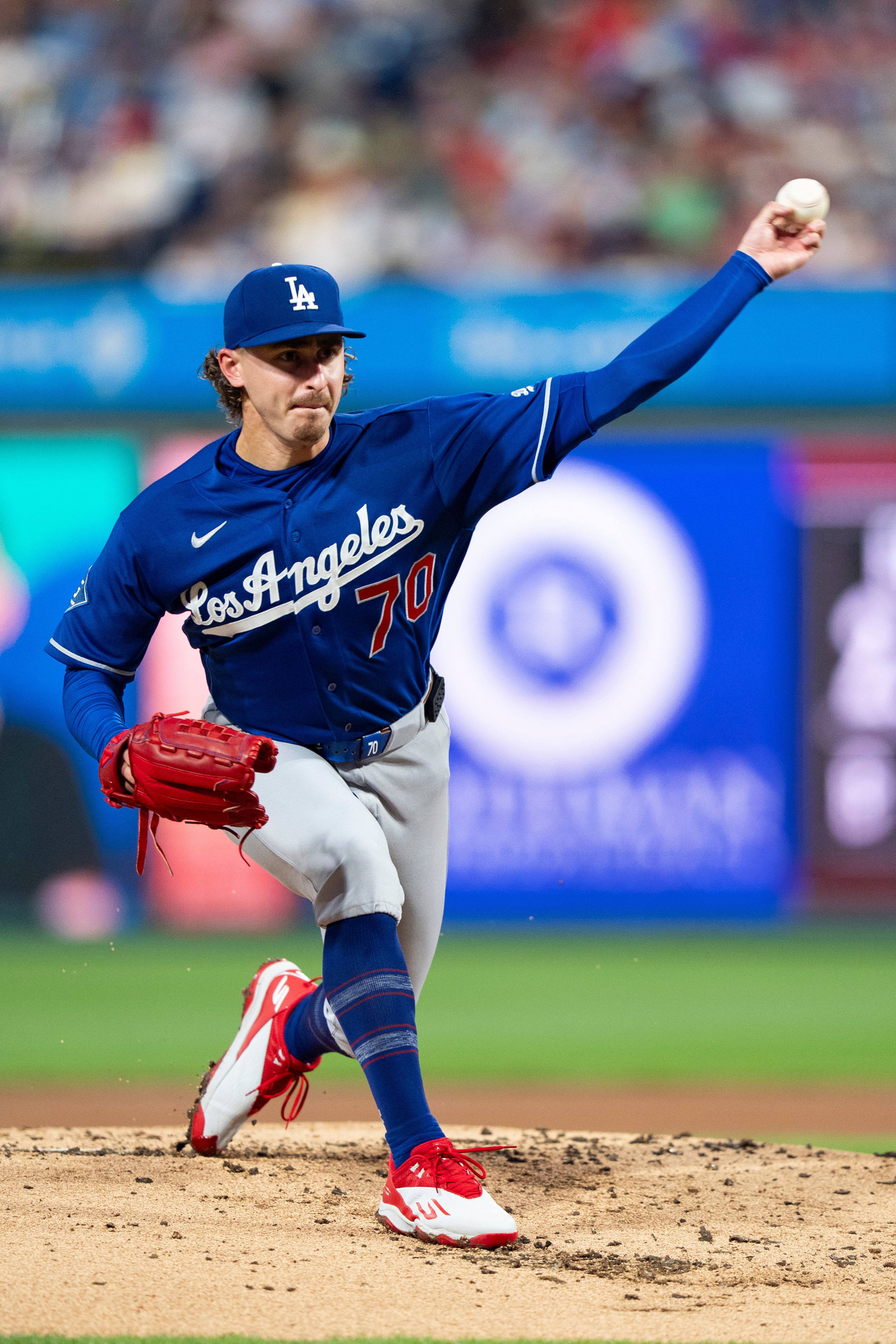 Los Angeles Dodgers starting pitcher Justin Wrobleski delivers during the first inning of a baseball game against the Philadelphia Phillies, Tuesday, July 21, 2026, in Philadelphia. (AP Photo/Chris Szagola)