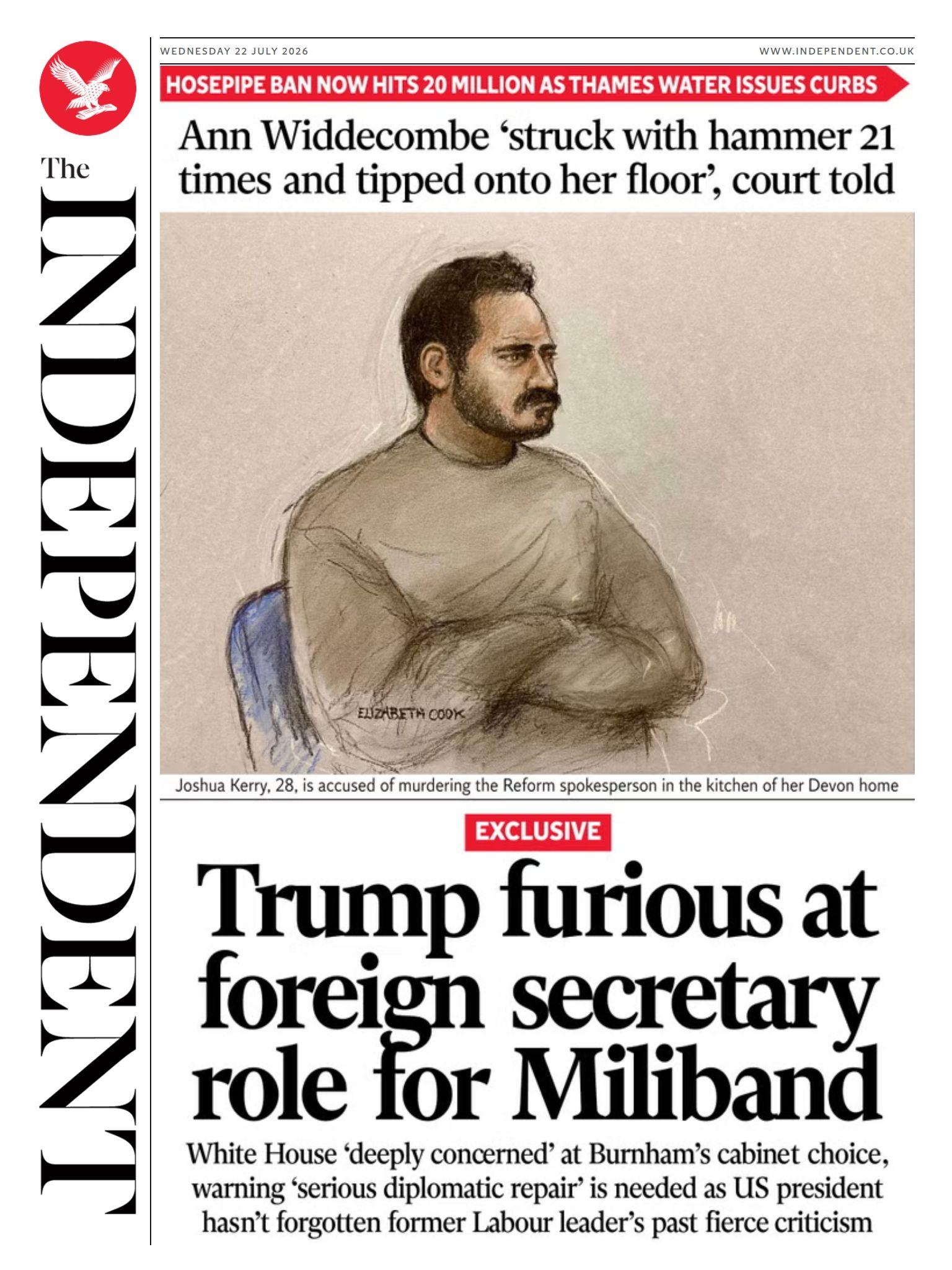 Burnham's cabinet is a focus for the Independent, which says that the US is unhappy with new Foreign Secretary Ed Miliband. According to the paper, the White House is "deeply concerned" by the decision to shift Miliband into the role, as Donald Trump "hasn't forgotten" the former Labour leader's "fierce criticism".