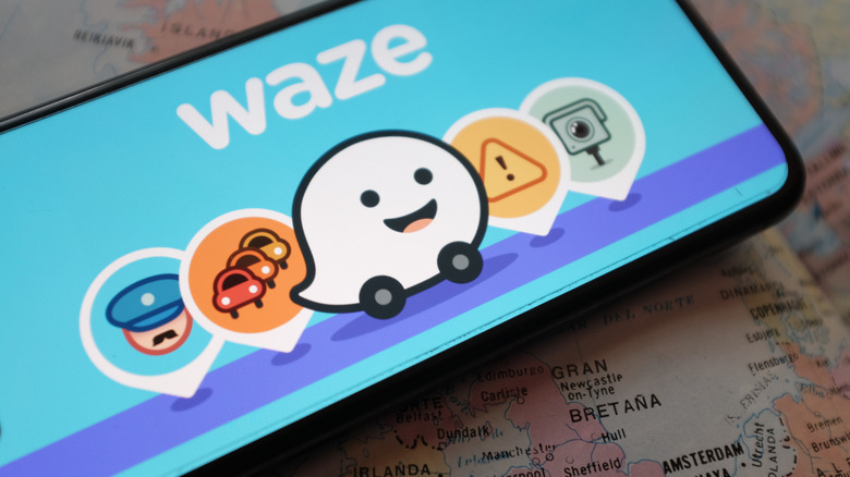 Waze avatar and icon logos visible on a phone screen.