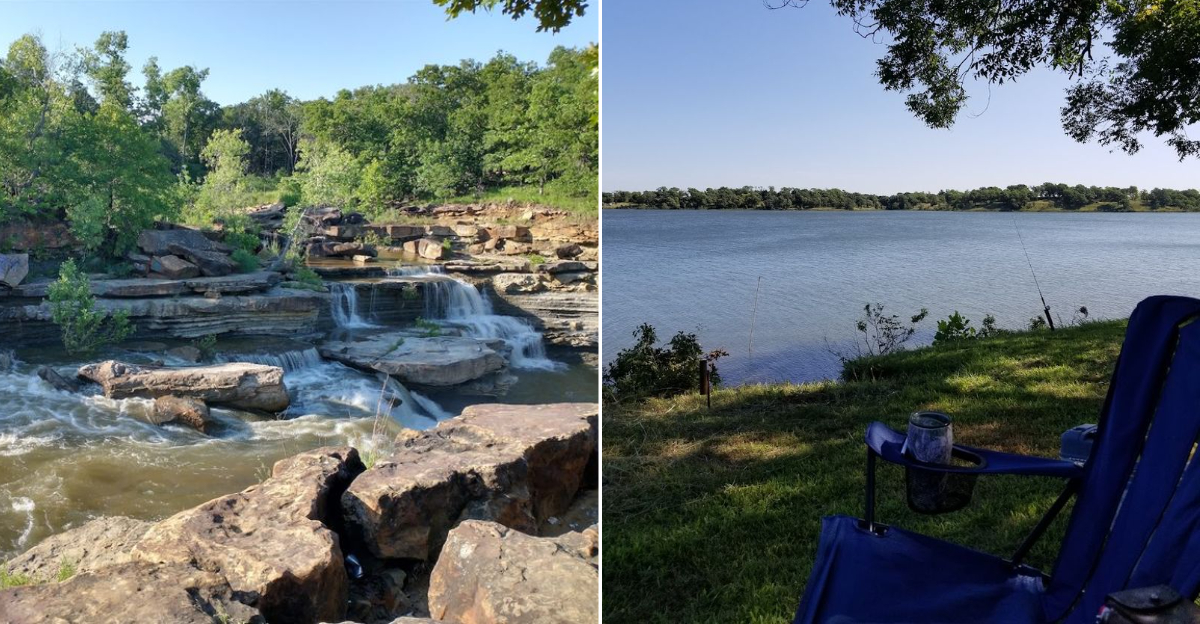 This peaceful Oklahoma lake has a cascading waterfall hiding just below the dam