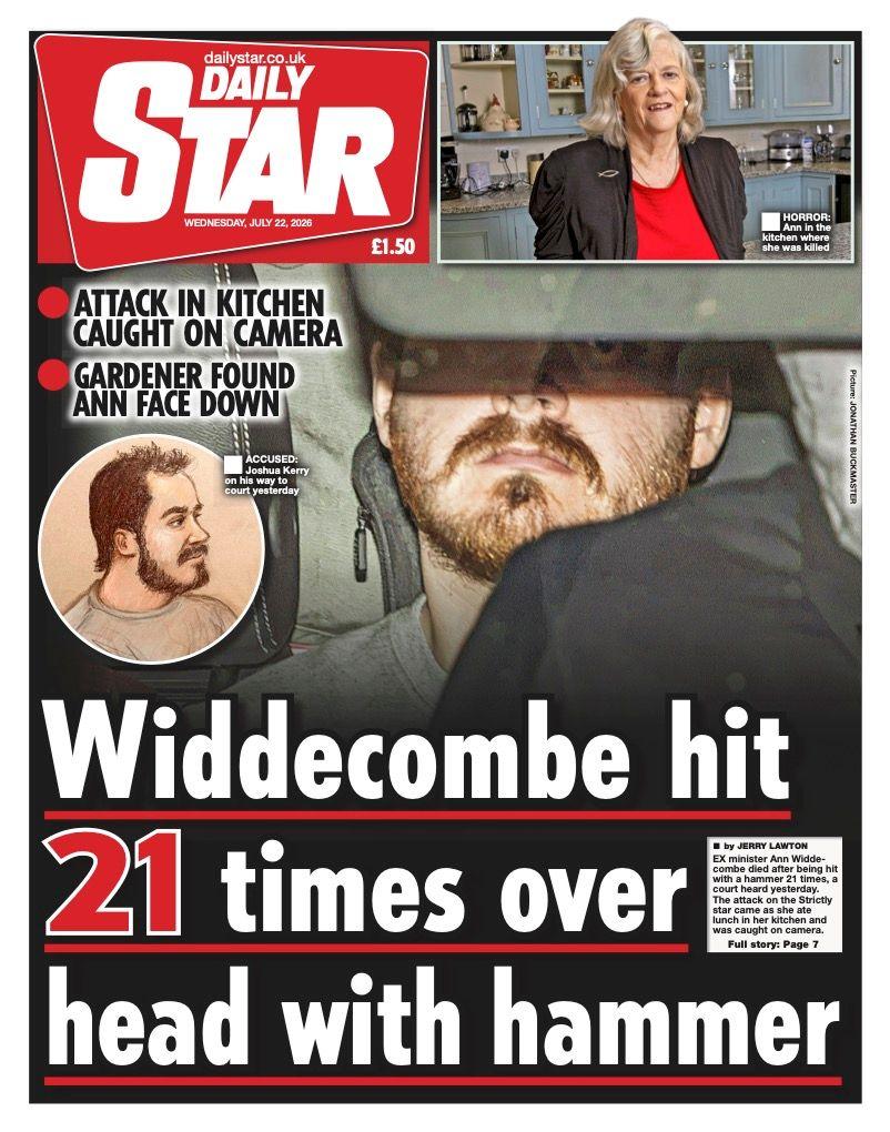 "Widdecombe hit 21 times with hammer," says the Daily Star, which reports that it was a gardener who found the 78-year-old "face down" in her kitchen the day after the attack.