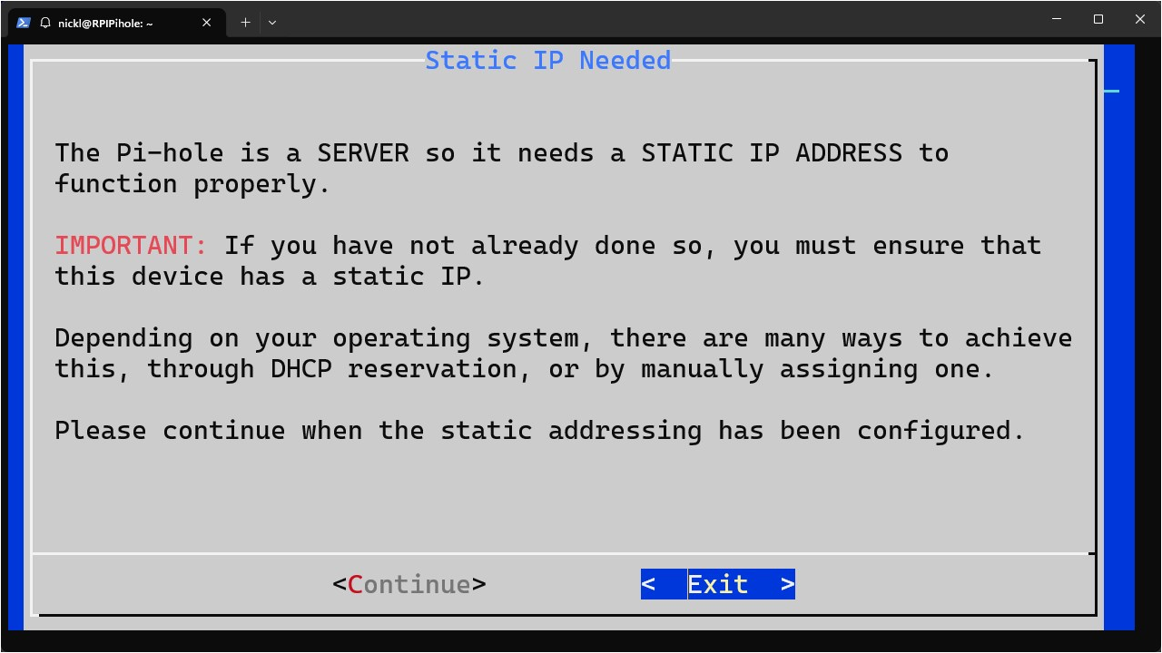 A warning from the Pi-hole installer about a static IP.