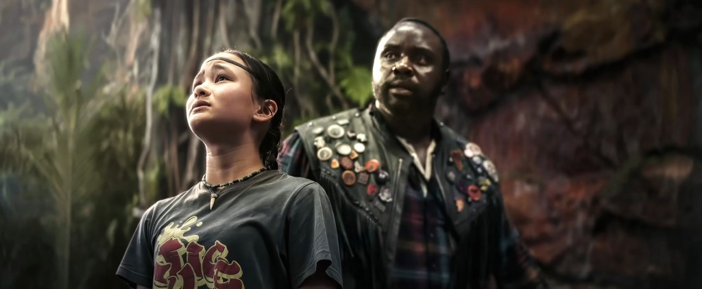 Kaylee Hottle and Brian Tyree Henry looking up in