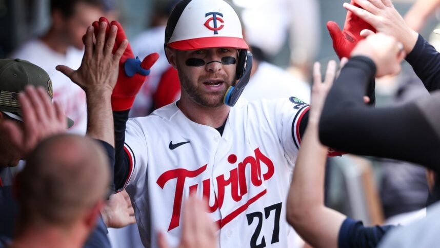 Ryan Jeffers celebrates a home run while the Yankees watch the market
