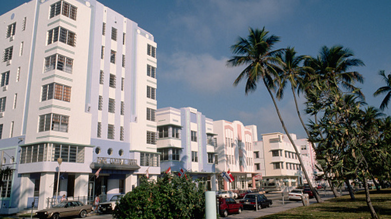 A vintage photo of Art Deco hotels on South Beach, Miami in the 1980s