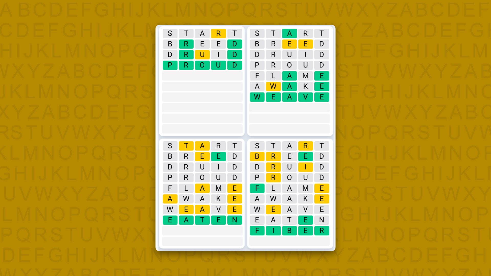 Quordle Daily Sequence answers for game 1640 on a yellow background