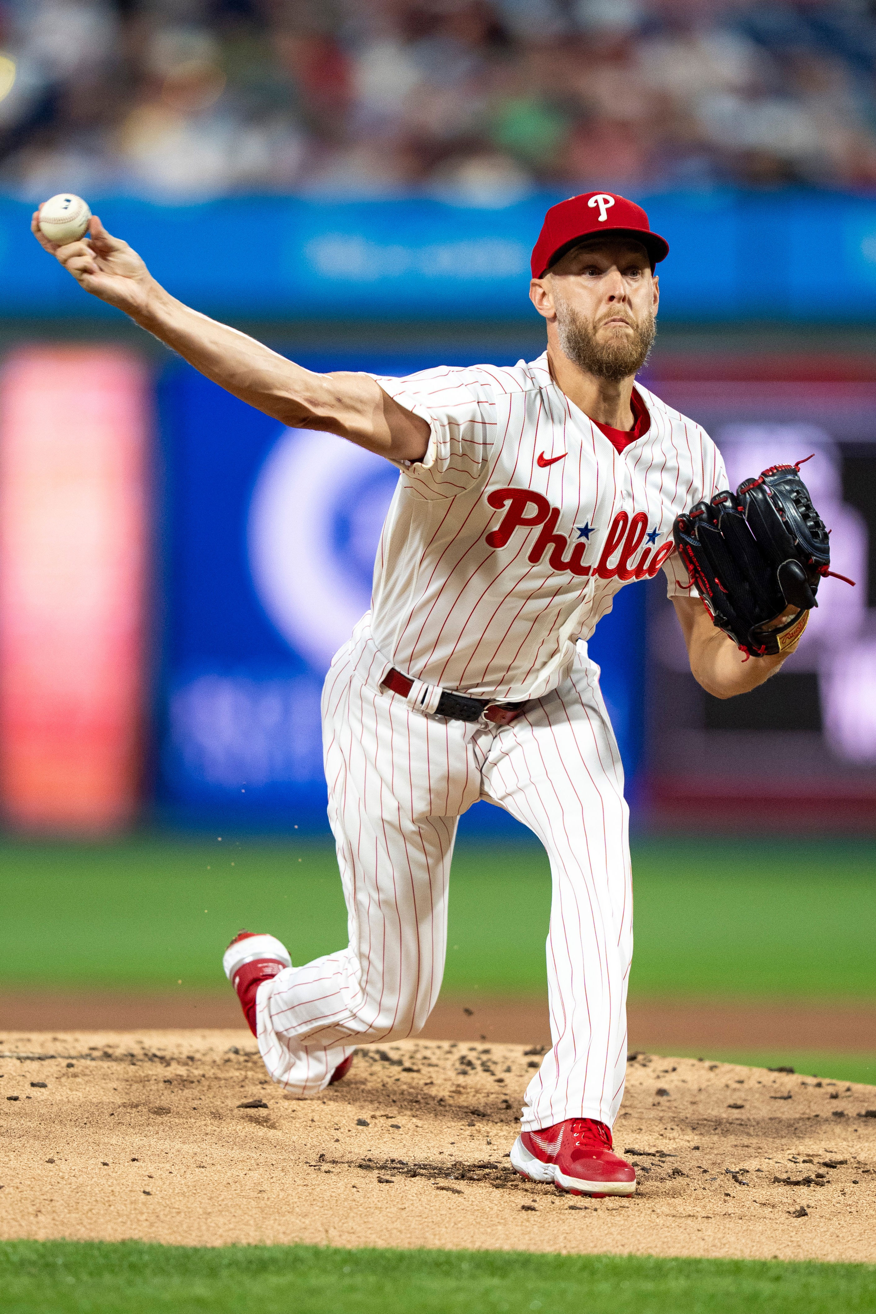 Philadelphia Phillies starting pitcher Zack Wheeler delivers during the first inning of a baseball game against the Los Angeles Dodgers, Tuesday, July 21, 2026, in Philadelphia. (AP Photo/Chris Szagola)