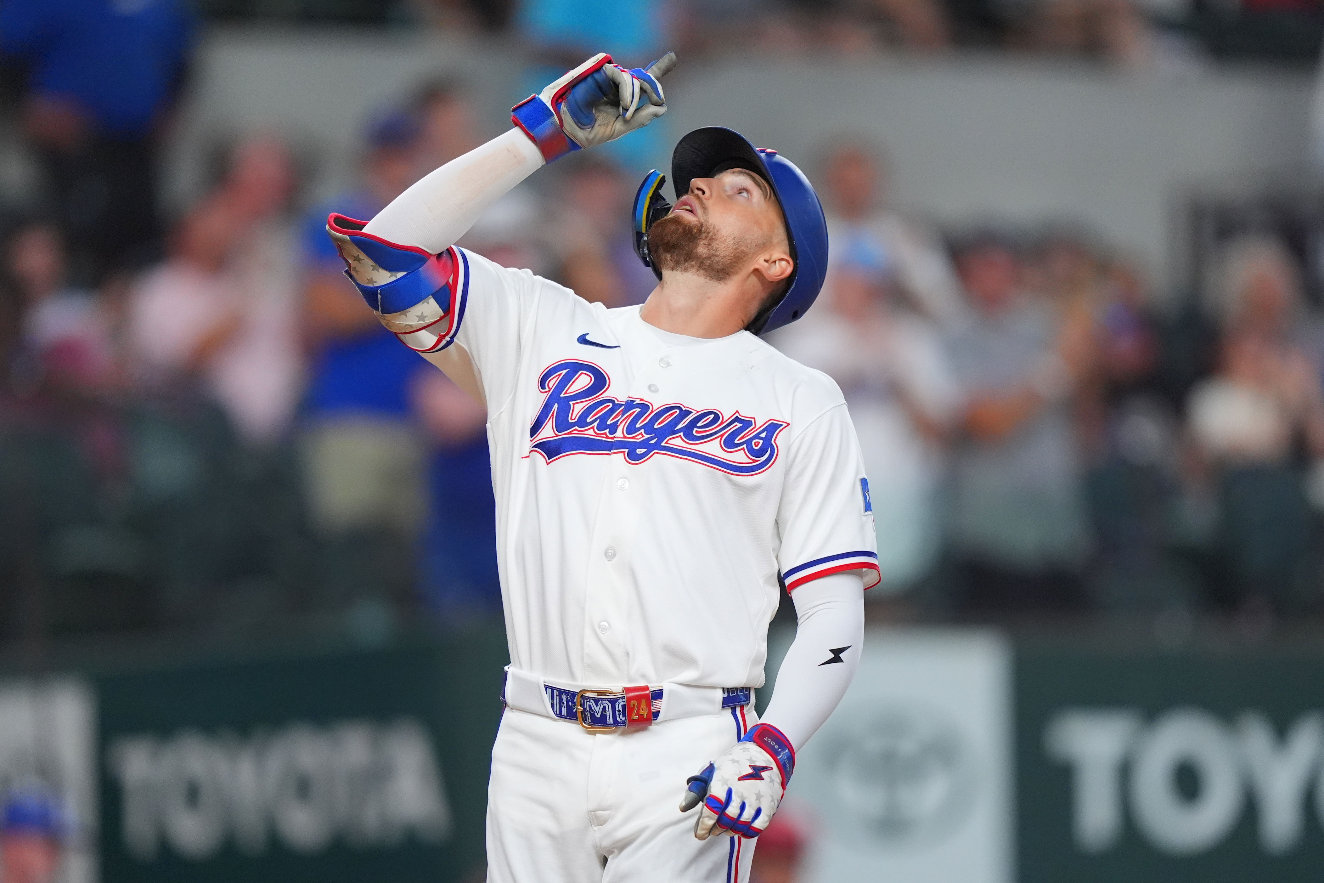 Texas Rangers' Brandon Nimmo celebrates his home run during the first inning of a baseball game against the Chicago White Sox, Tuesday, July 21, 2026, in Arlington, Texas. (AP Photo/LM Otero)