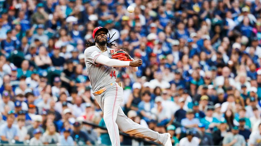 Jul 20, 2026; Seattle, Washington, USA; Cincinnati Reds shortstop Elly de la Cruz (44) throws to first base for an infield
