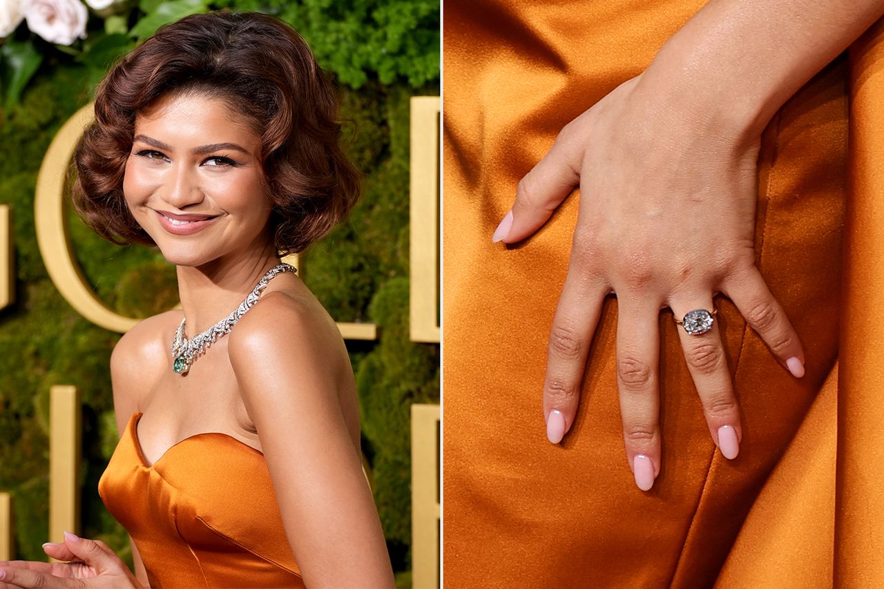 Zendaya attends the 82nd Annual Golden Globe Awards at The Beverly Hilton on January 05, 2025 in Beverly Hills, California ; Zendaya's engagement ring during the 82nd Annual Golden Globe Awards.