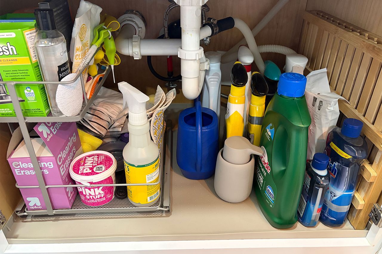 A wellorganized storage space under a sink with cleaning supplies and bottles