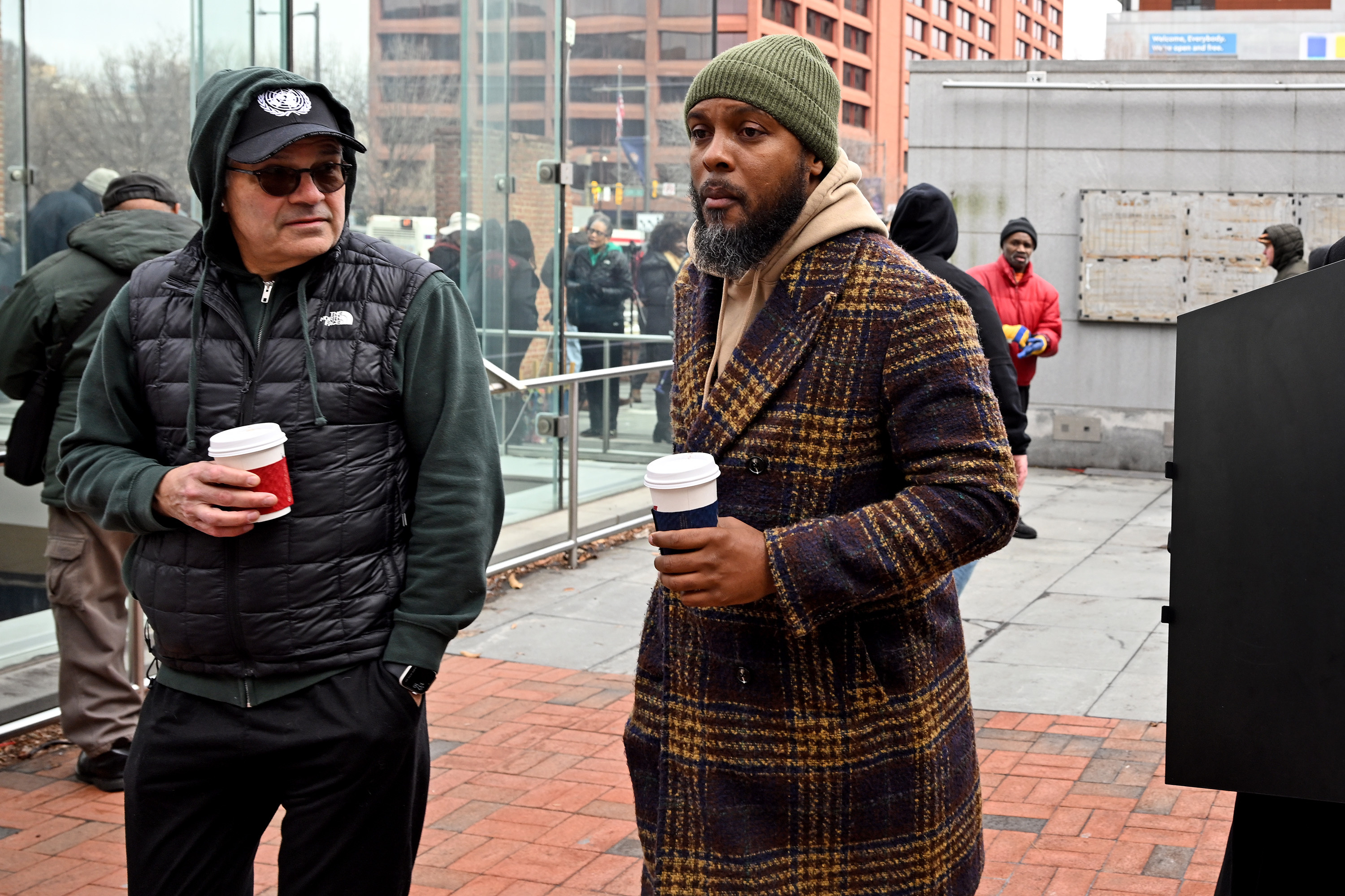 District Attorney Larry Krasner (left) and G Lamar Stewart, head of the Community Engagement and Government Affairs at the DA's Office, outside the President’s House in Independence National Historical Park in February 2026.