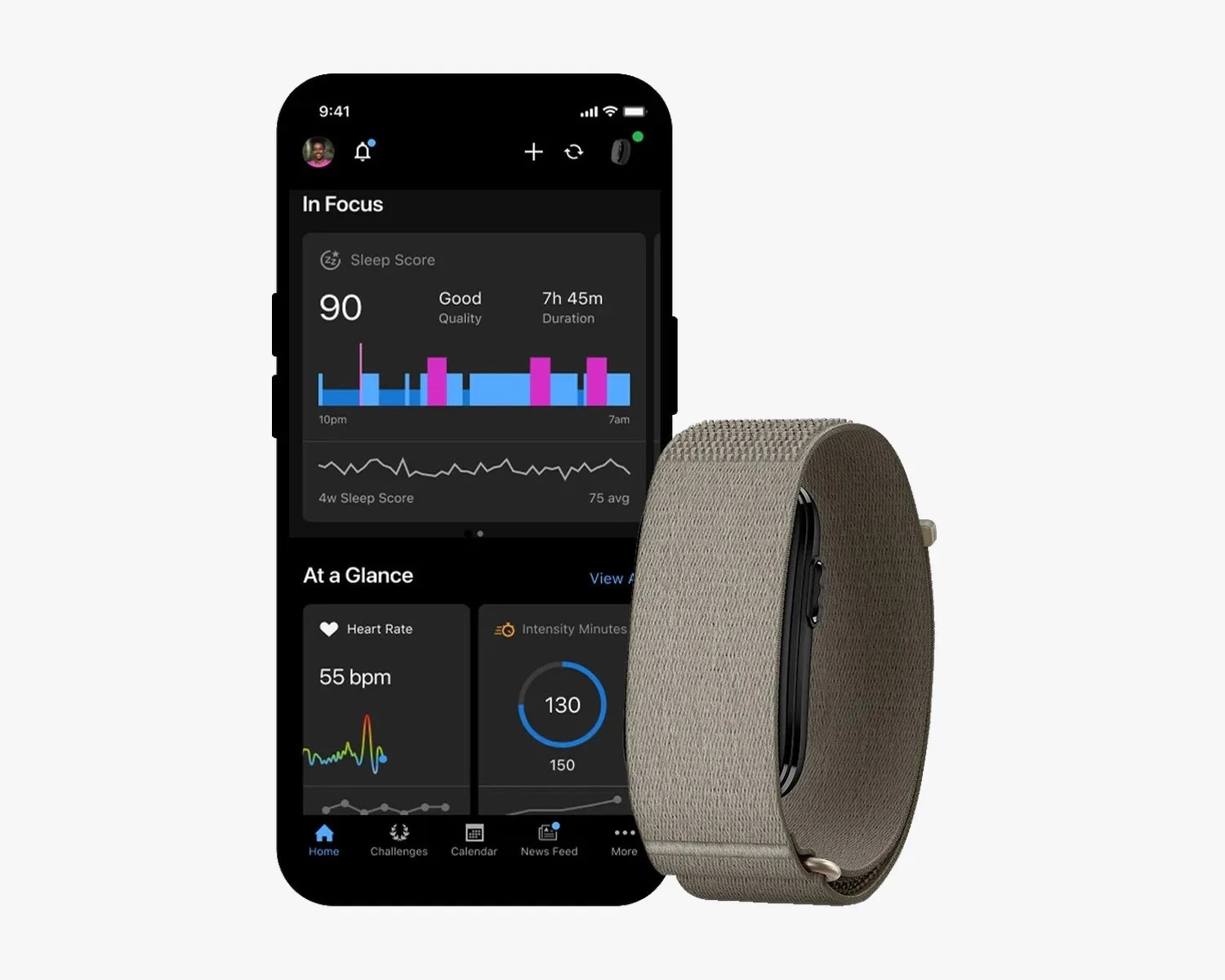 Black fitness tracker with gray fabric band next to a smartphone displaying sleep and heart rate data.