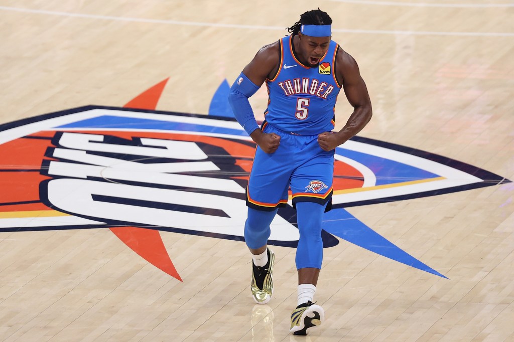 OKLAHOMA CITY, OKLAHOMA - MAY 30: Luguentz Dort #5 of the Oklahoma City Thunder reacts during Game Seven of the NBA Western Conference Finals at Paycom Center on May 30, 2026 in Oklahoma City, Oklahoma. (Photo by Christian Petersen/Getty Images)