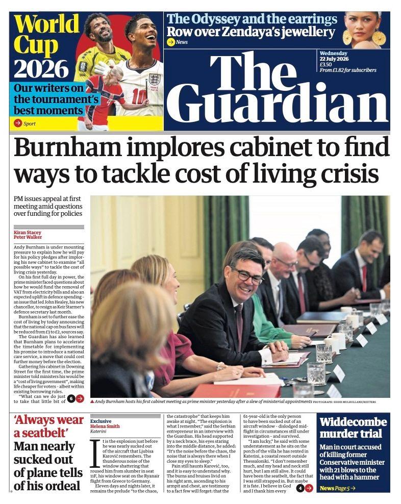 The Guardian also carries details of Burnham's first cabinet meeting, adding that he is expected to introduce further policies to ease the cost of living later this week. The paper reports the prime minister will announce a reduction on the national cap on bus fares from £3 to £2 on Wednesday.
