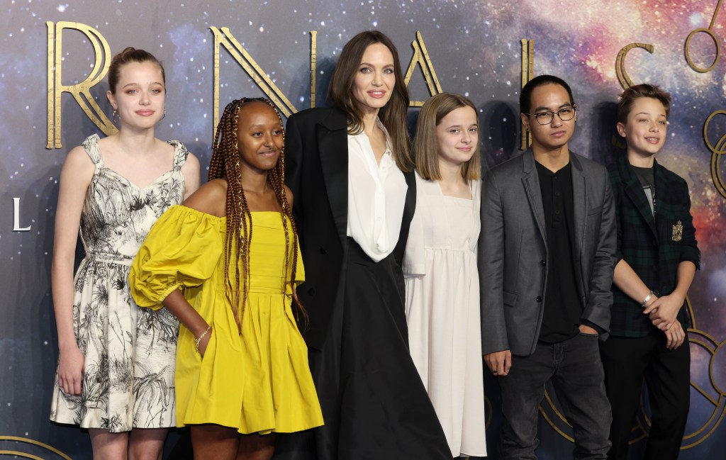 Angelina Jolie poses with her children Shiloh, Zahara, Vivienne, Maddox, and Knox at the