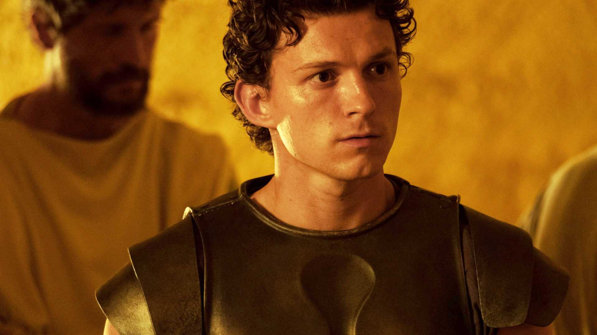 Tom Holland as Telemachus wearing armor in The Odyssey 2026