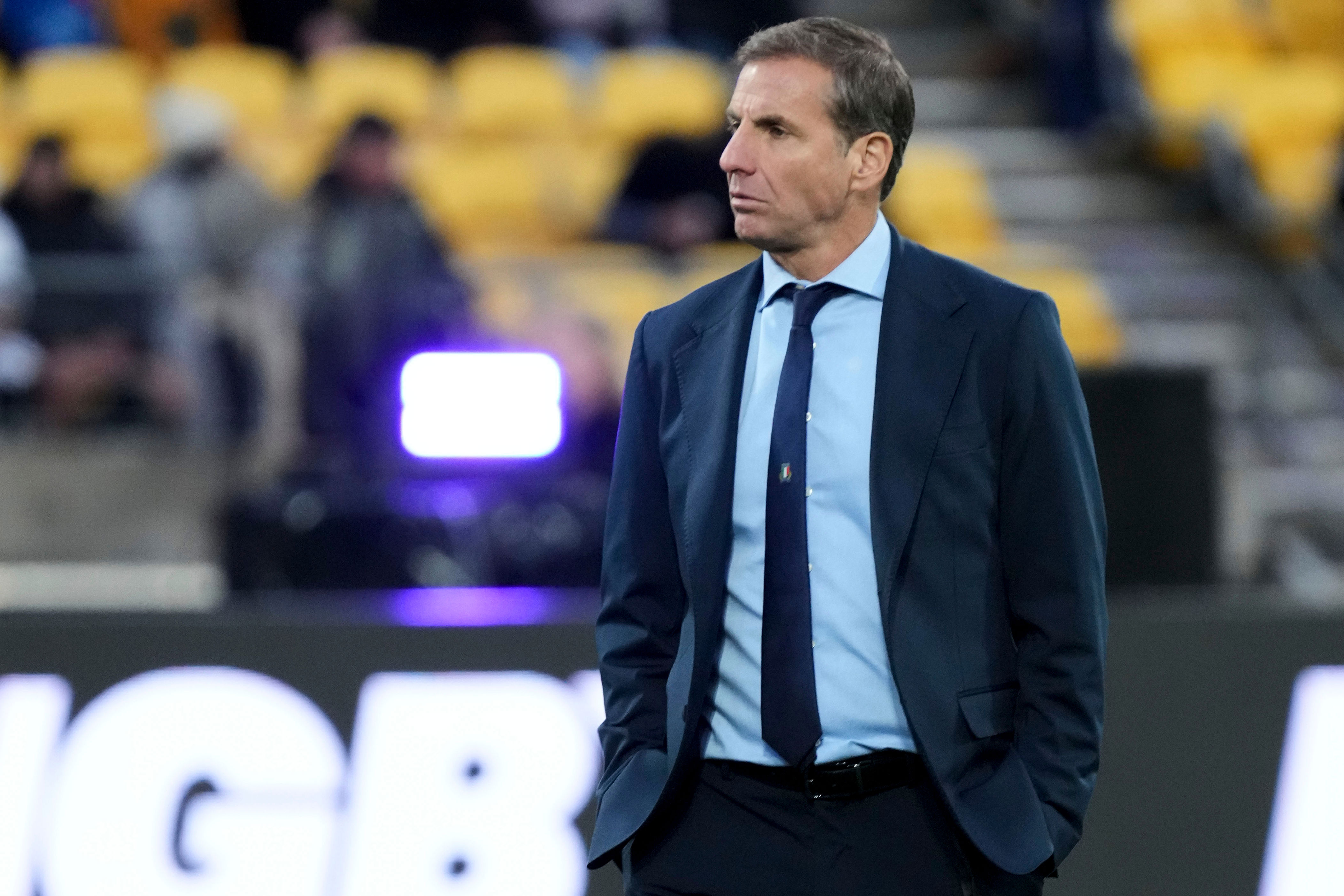 Italy head coach Gonzalo Quesada watches his players warm up ahead of the Nations Championship rugby international between the All Blacks and Italy in Wellington, New Zealand, Saturday, July 11, 2026. (Marty Melville/Photosport via AP)