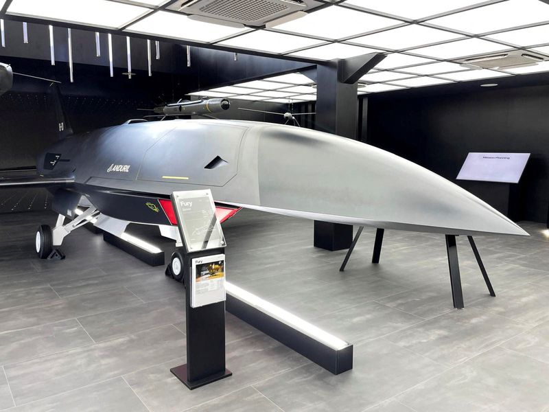 Anduril displays its unmanned combat aircraft "Fury" at the Farnborough International Airshow, in Hampshire