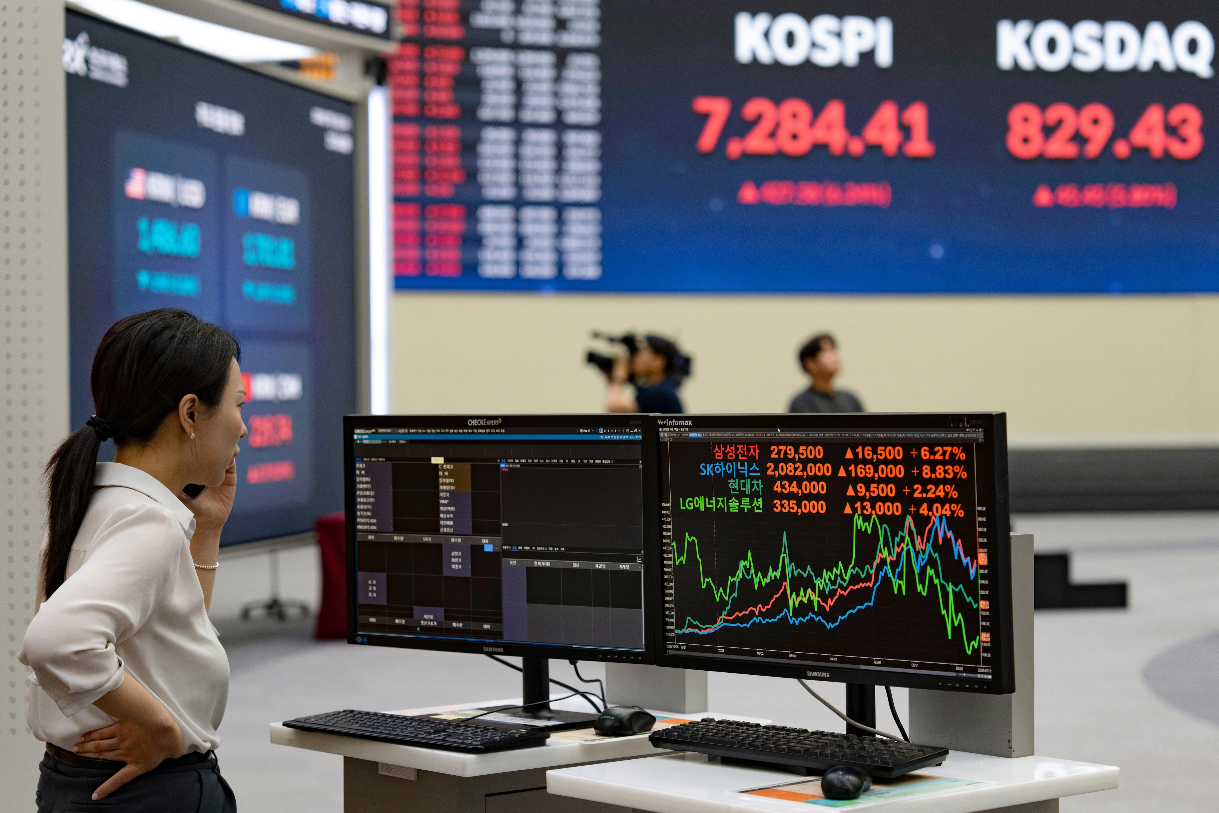 A Korea Exchange (KRX) employee monitors stock market data on trading screens inside the Korea Exchange (KRX) in Yeouido, Seoul, South Korea.