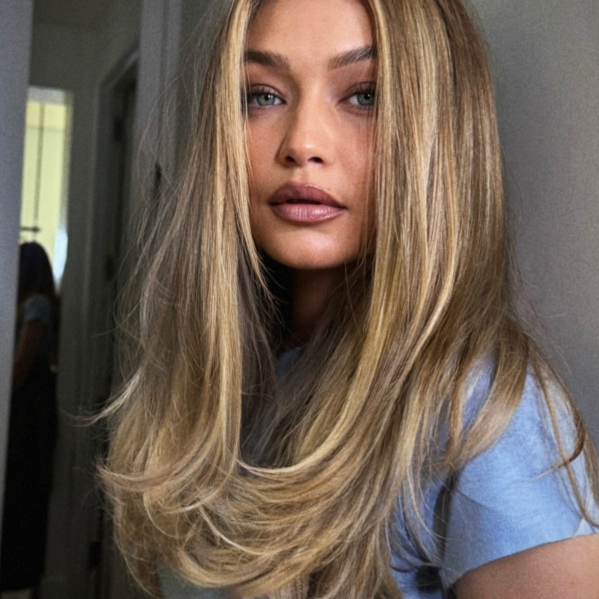 The Rachel Hair on Gigi Hadid, created by hairstylist Dimitris Giannetos