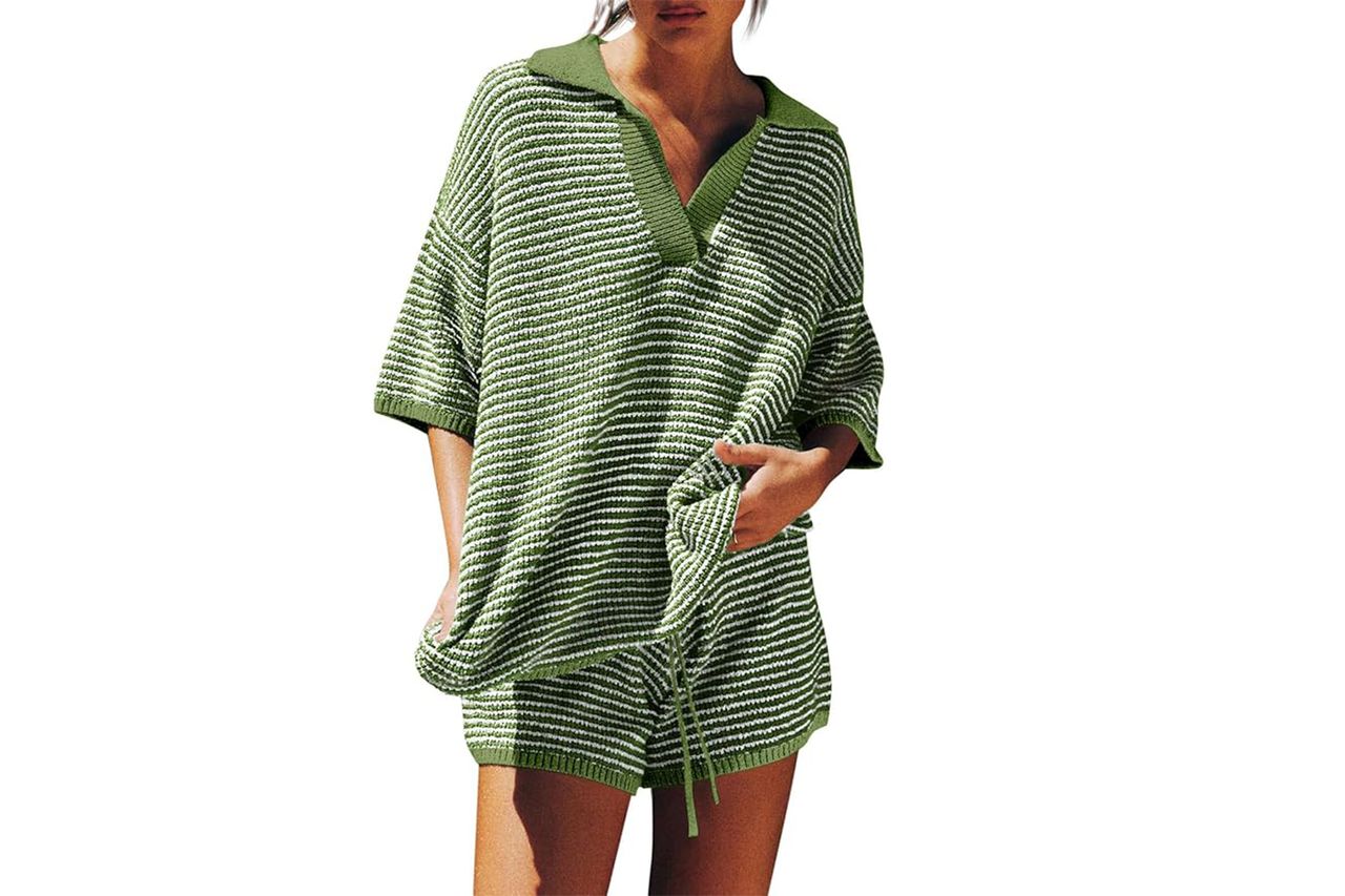 Tankaneo Womens Sweater Set 2 Piece Outfits Oversized 3/4 Sleeve V Neck Knit Tops High Waisted Shorts Lounge Sets