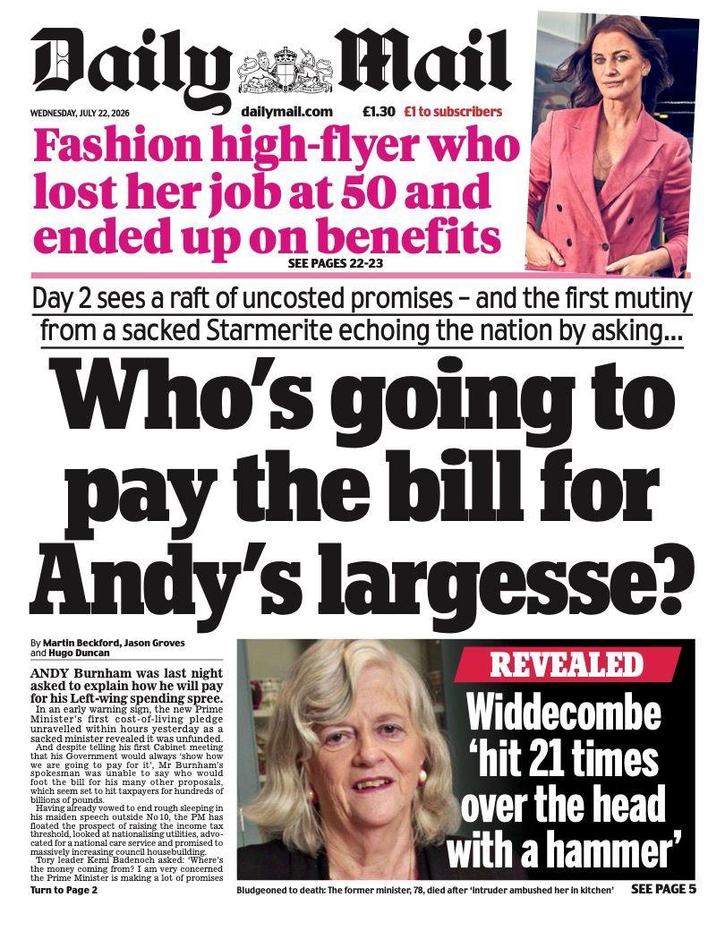 Though Widdecombe features on the front page of the Daily Mail, the paper's main story focuses on Burnham's first pledges as prime minister - and how he might pay for them. It reports that a spokesperson for Burnham was unable to say who would pay for his "many" proposals, adding that they "seemed set to hit taxpayers for hundreds of billions of pounds".