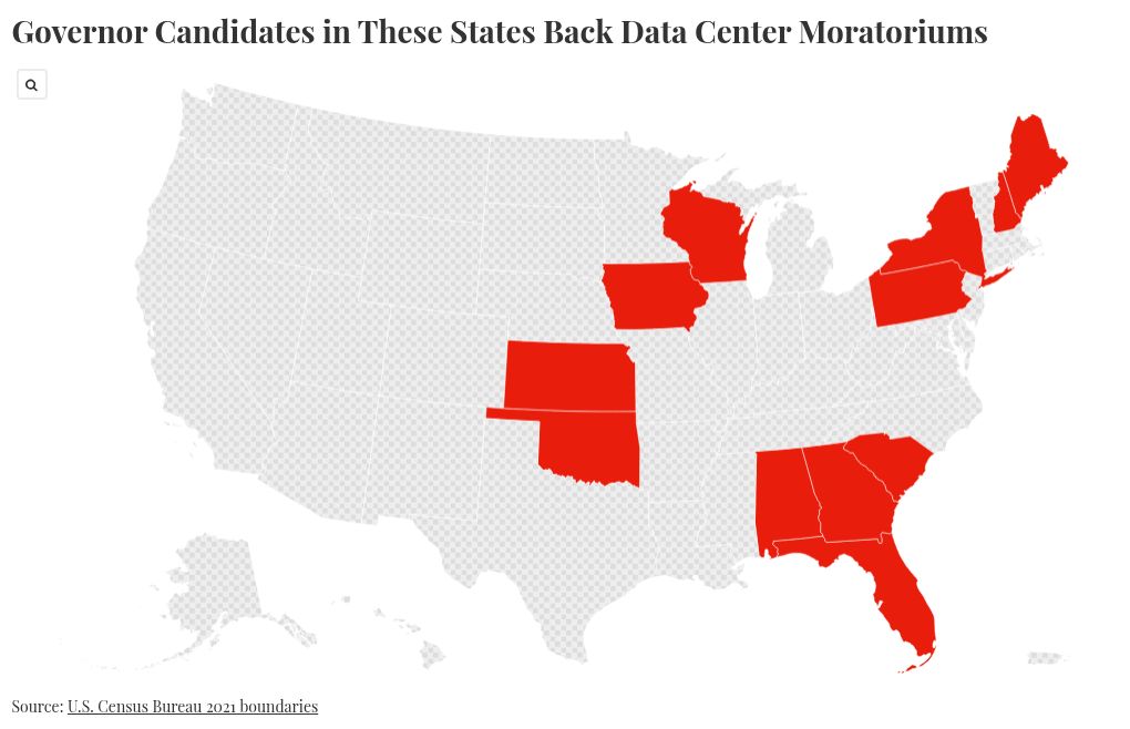 Map Shows States Where Governor Candidates Support Data Center Moratoriums