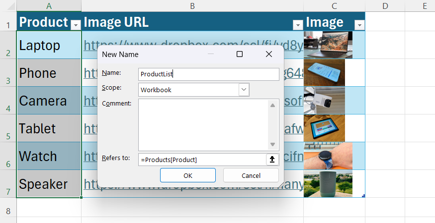 Excel's New Name dialog with ProductList typed into the Name field and the Product column of a Products table identified in the Refers to field.