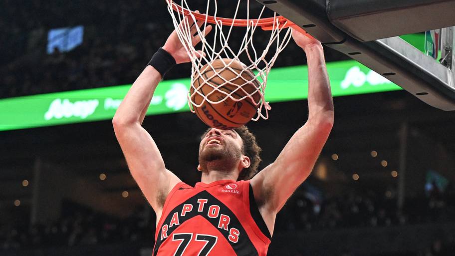 Dec 4, 2025; Toronto, Ontario, CAN; Toronto Raptors forward Jamson Battle (77) dunks for a basket.