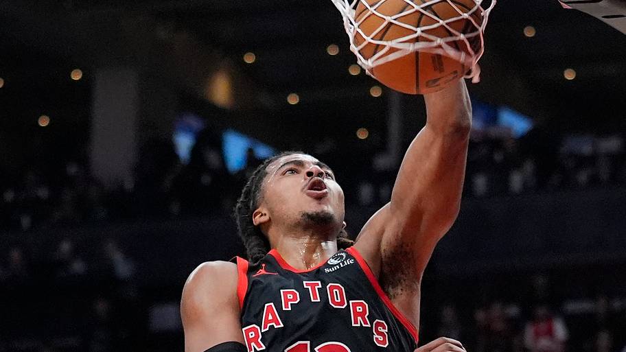 Apr 23, 2026; Toronto, Ontario, CAN; Toronto Raptors forward Collin Murray-Boyles (12) dunks against the Cleveland Cavaliers.