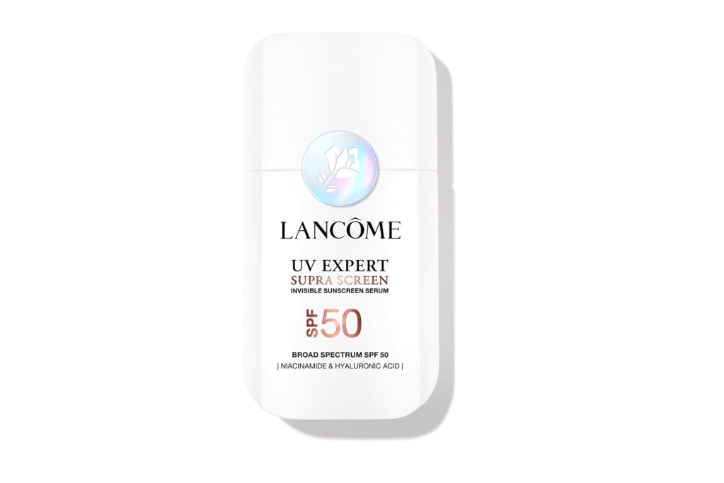 Lancôme UV Expert Supra Screen SPF 50 invisible sunscreen serum with Niacinamide and Hyaluronic Acid.