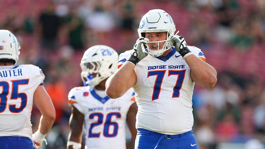 Aug 28, 2025; Tampa, Florida, USA; Boise State Broncos offensive lineman Kage Casey (77) looks on against the South Florida B