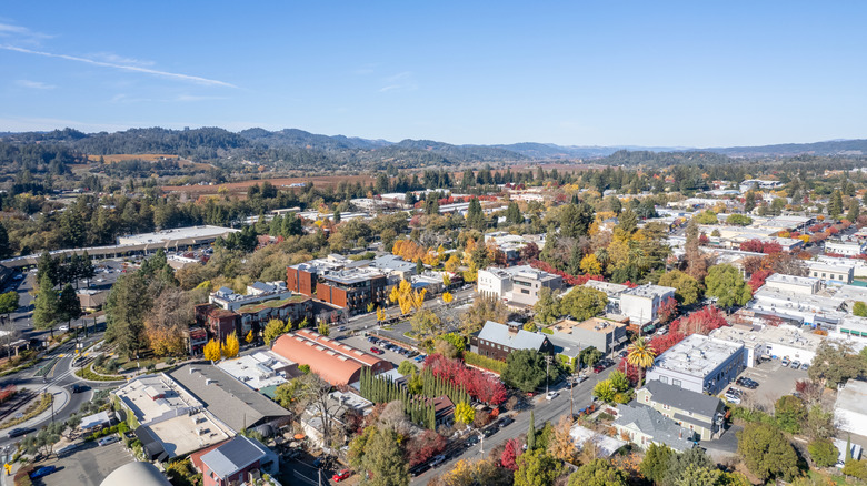 An aerial view of downtown Healdsburg, California