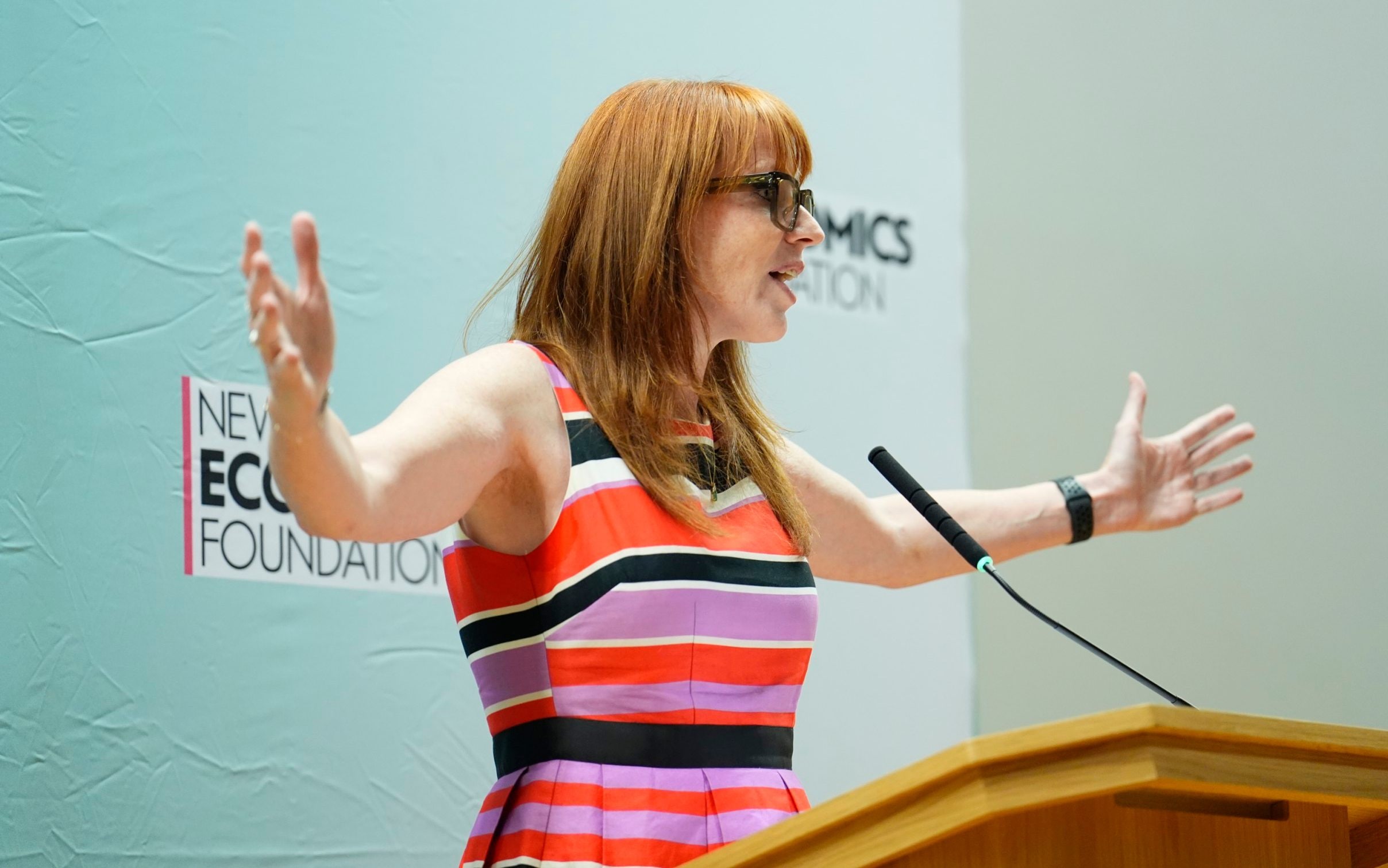 Angela Rayner delivers a speech to a New Economics Foundation event