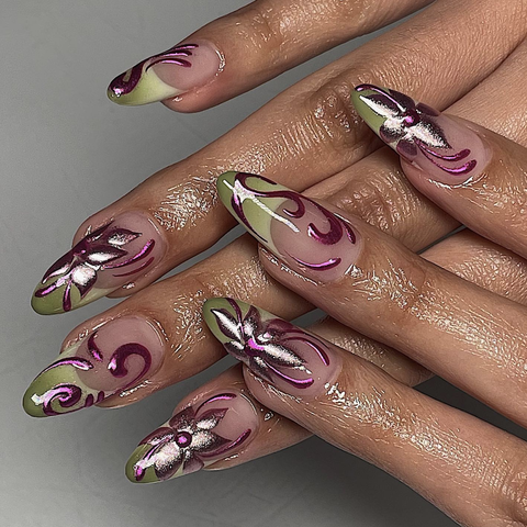 green and pink nails with chrome