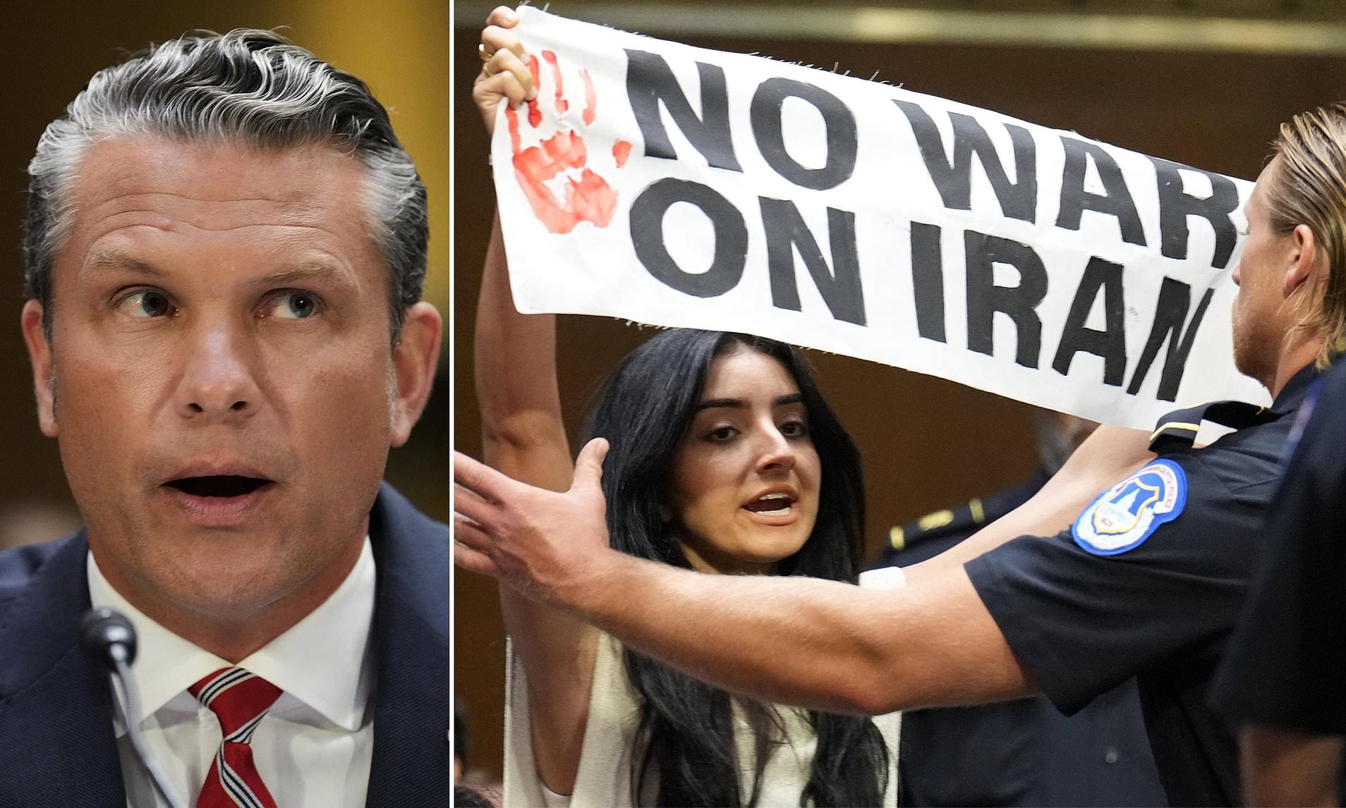 Pete Hegseth's face says it all as anti-war protesters interrupt Senate hearing