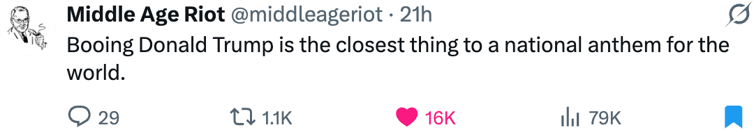 Tweet from Middle Age Riot: "Booing Donald Trump is the closest thing to a national anthem for the world." 1.1K comments, 16K likes, 79K retweets