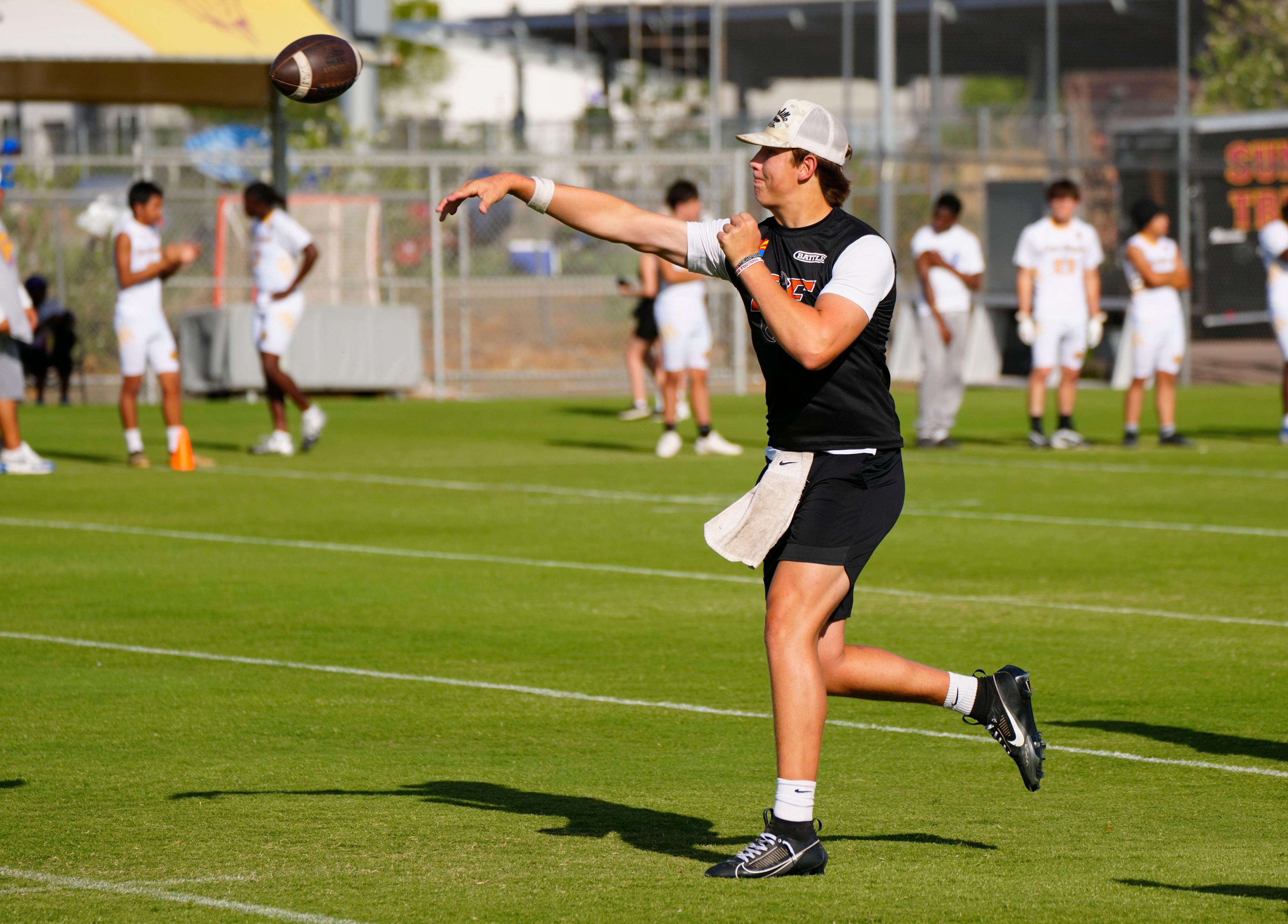 Desert Edge quarterback Blake Roskopf throws a pass during an ASU 7 on 7 tournament in Tempe, on June 12, 2025.