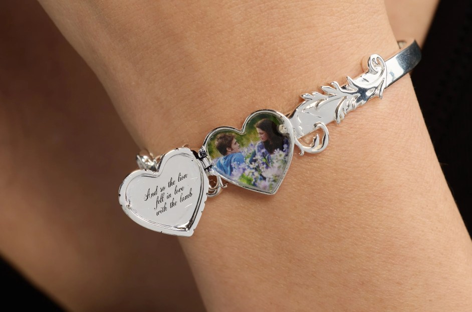 Alex and Ani Twilight locket cuff with Edward and Bella in their meadow and an engraving within the locket