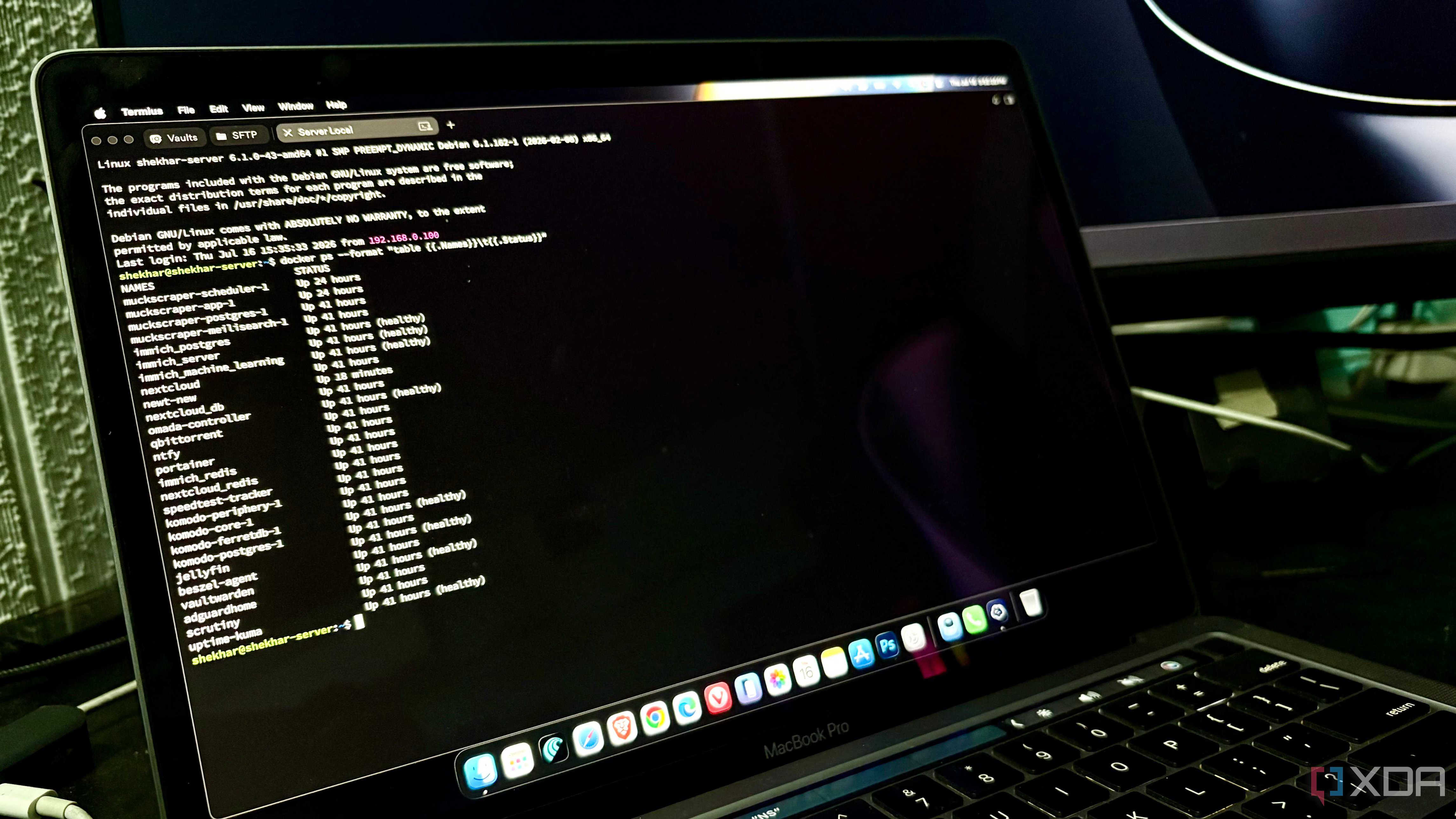 MacBook Pro terminal connected via SSH to a home server, showing a list of running Docker containers