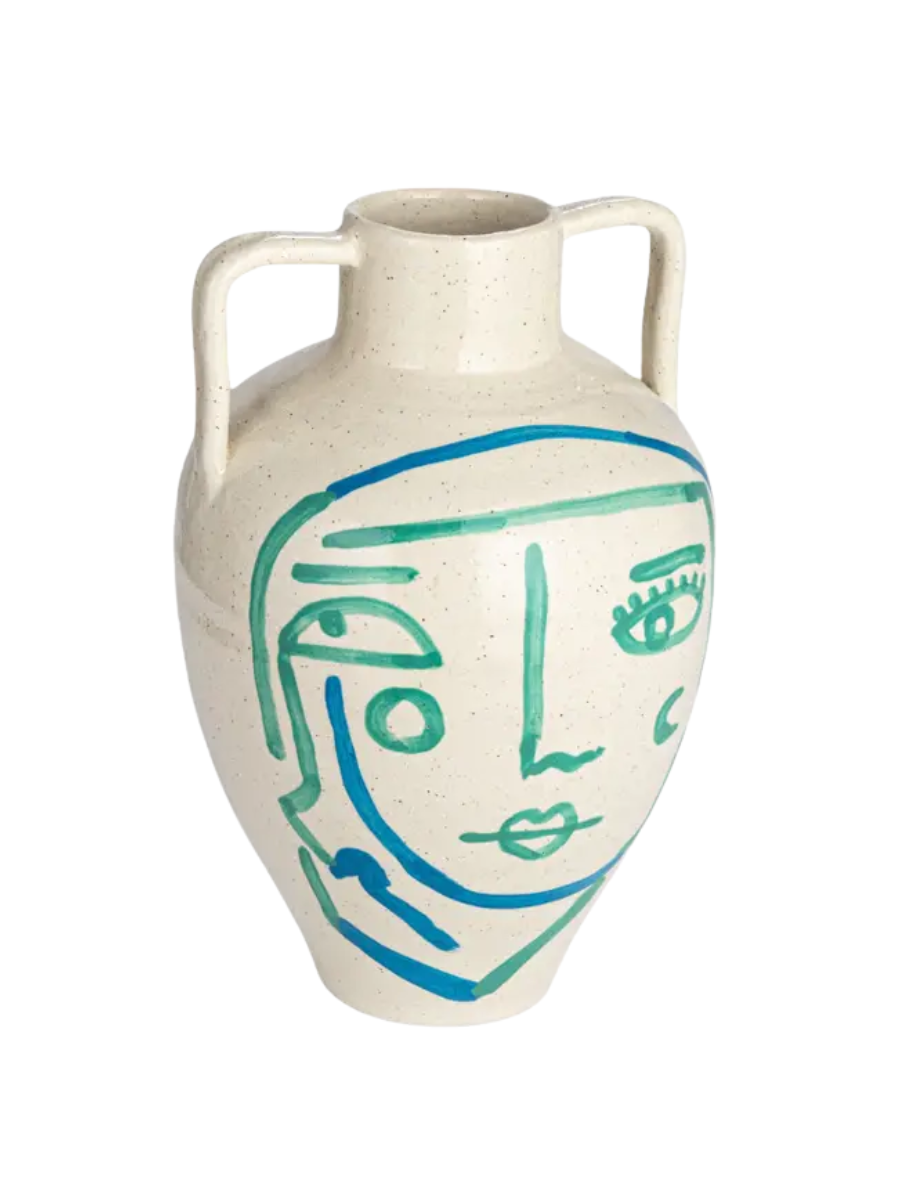 Hand-Painted Terra-Cotta Vase With Abstract Face and Crackle Glaze