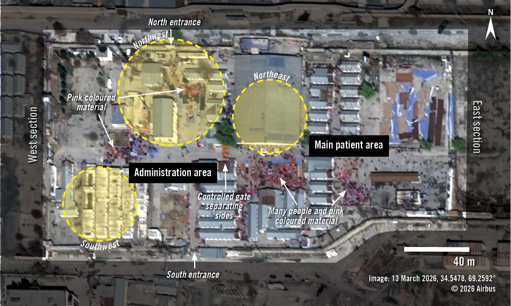 Satellite image shows the main patient and administration areas of the facility on 13 March 2026. The areas most heavily impacted by the attack later are highlighted in yellow (Planet Labs via Amnesty International)