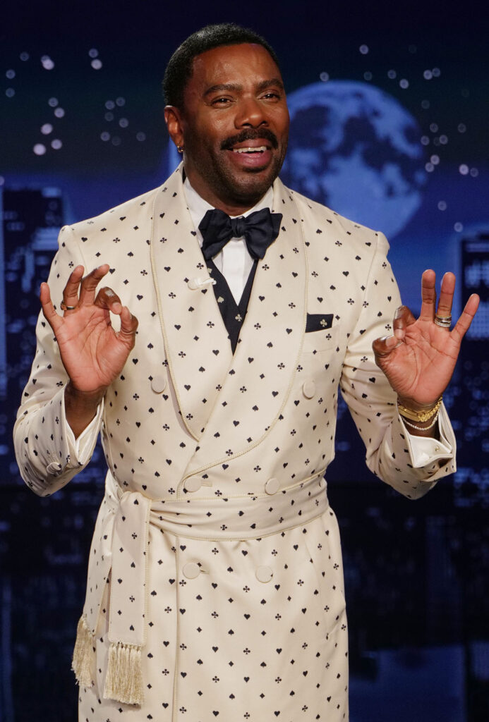 Colman Domingo hosts Jimmy Kimmel Live! in a custom dunhill shawl-lapel coat.