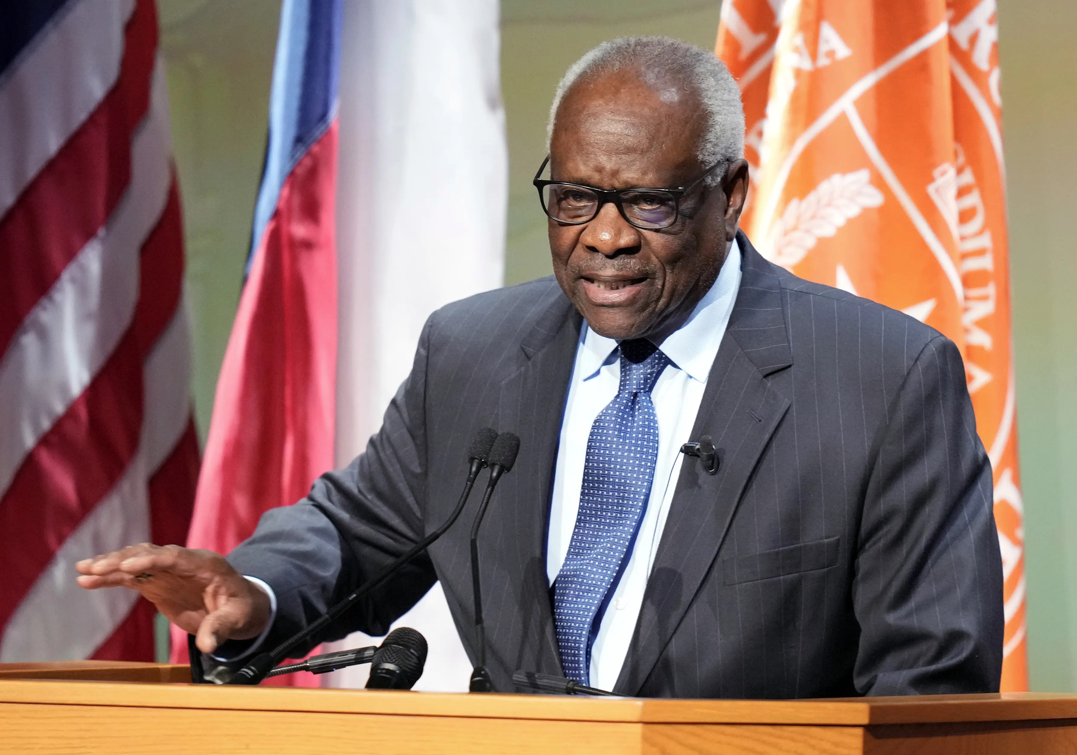 Supreme Court Justice Clarence Thomas speaks during a special lecture at the University of Texas on April 15, 2026.