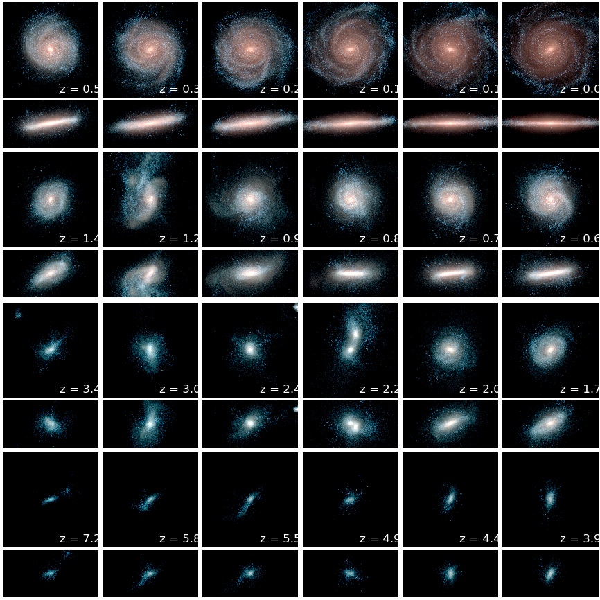 Halo 6 is an opposite example: it did not have a head-on collision (for example, the collision at z=2.2 is more aligned with the orientation of its disc), and its disc did not flip. (CREDIT: Auriga Project)