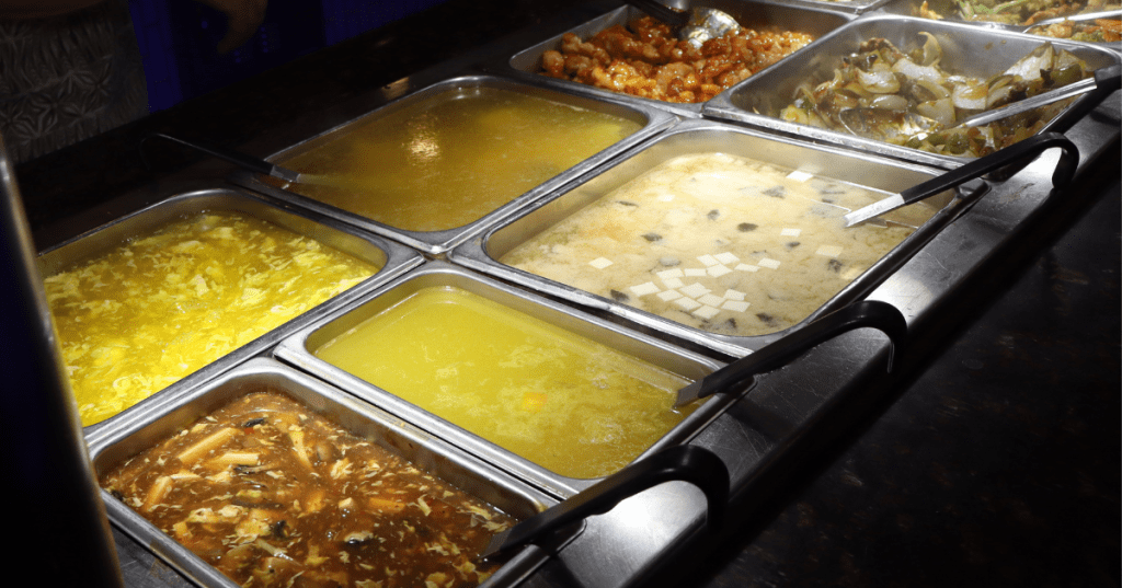 Hot and sour, egg drop, and miso soup selections at Golden Palace Buffet, Livonia, MI.