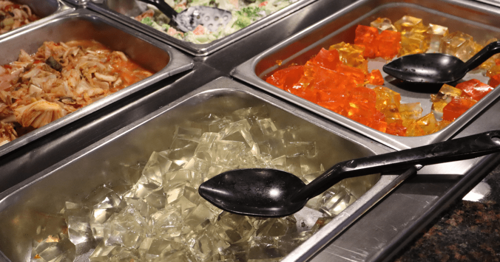 Red, orange, and clear cubed jello gelatin desserts at Golden Palace Buffet in Livonia, MI.